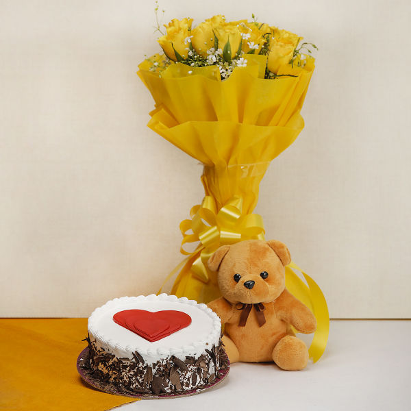 Yellow Roses & Cake With Teddy